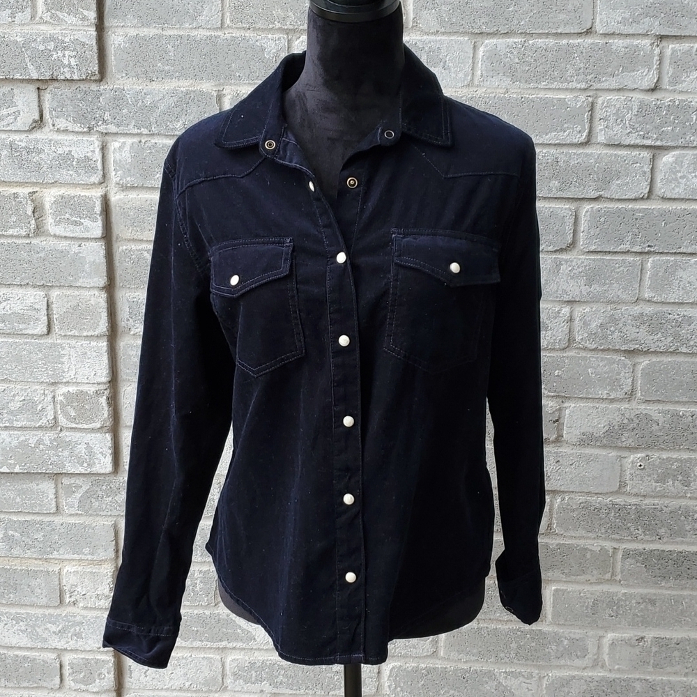 Forever 21 Blouse Cordory Medium Navy Blue Pearl Snap